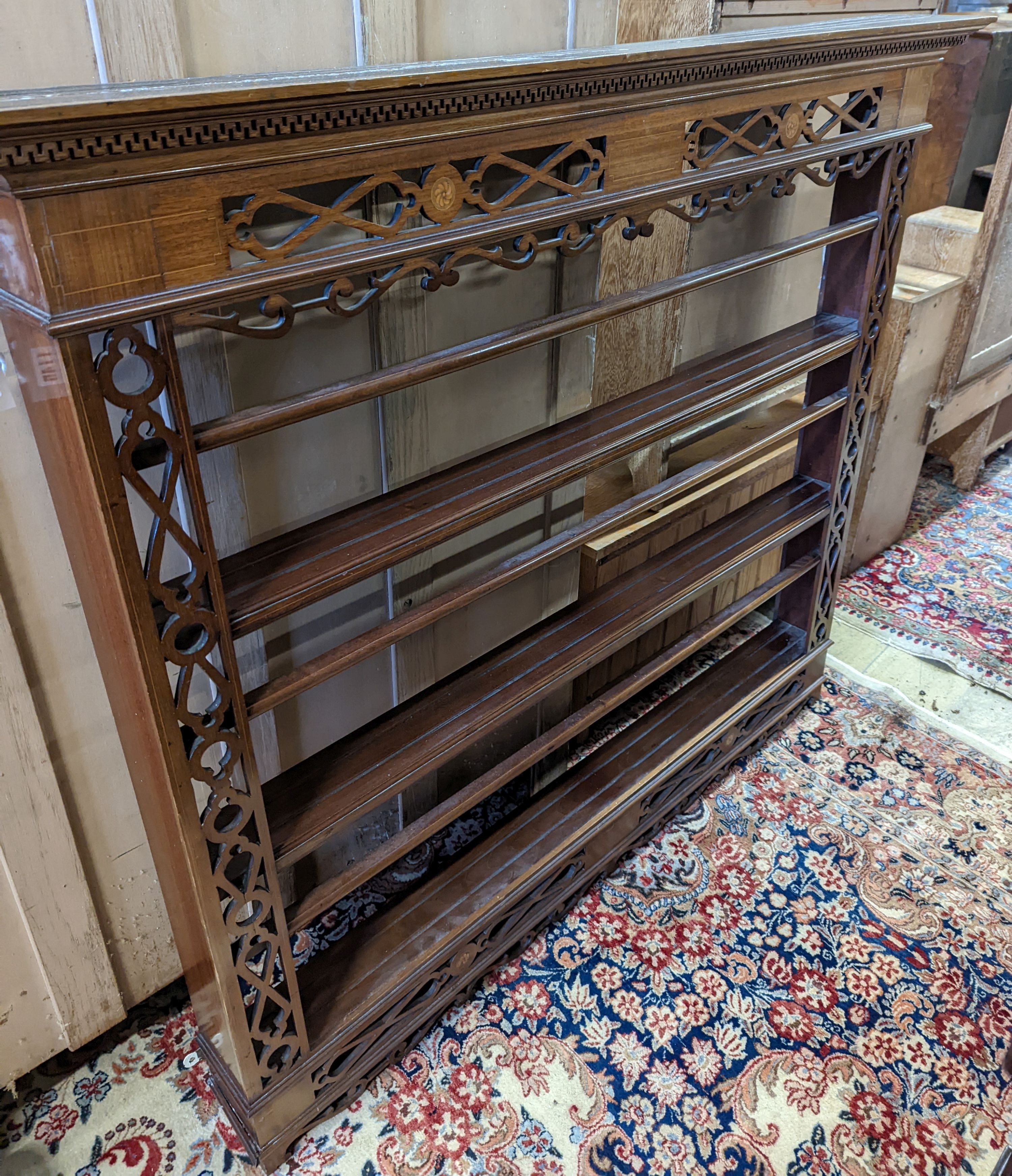 A George III style inlaid mahogany plate rack, width 135cm, depth 17cm, height 119cm